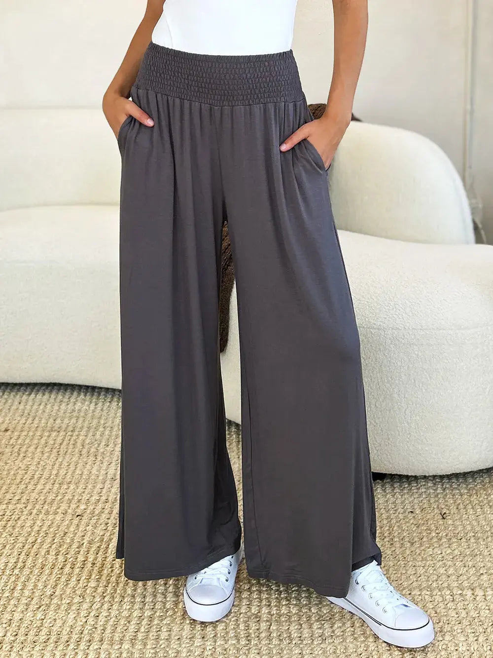 Basic Bae Full Size Smocked Wide Waistband Wide Leg Pants - Love Salve